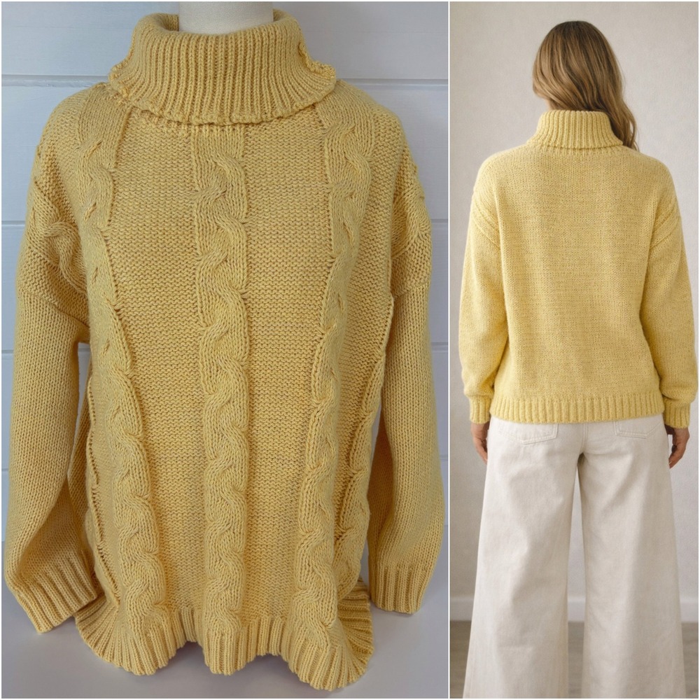 Vintage 90s Chunky Cable Knit Turtleneck Sweater XL Butter Yellow Fisherman Cozy - Picture 3 of 11